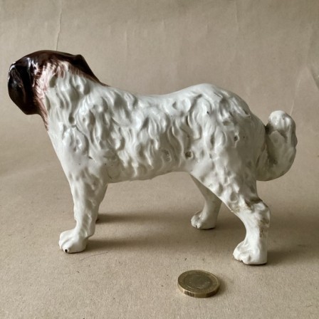 Detail: Antique Staffordshire pottery Standing St Bernard dog Figure.