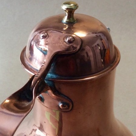 Detail: Antique early 19thC French seamed baluster copper Coffee pot