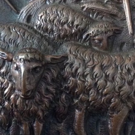 Detail: Antique repousse copper plaque engraved and hammered scene of shepherds and flock.C1860.