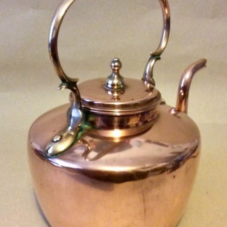 Detail: Antique Georgian copper kettle with unusual flat lid.