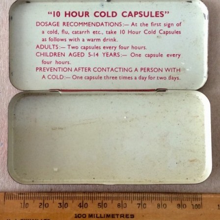 Detail: Vintage tablet tin - 10 HOUR COLD CAPSULES-  by CUPAL Ltd.
