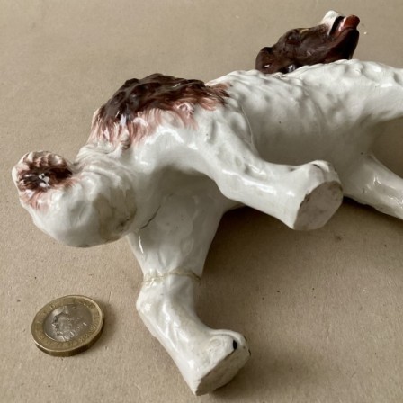 Detail: Antique Staffordshire pottery Standing St Bernard dog Figure.