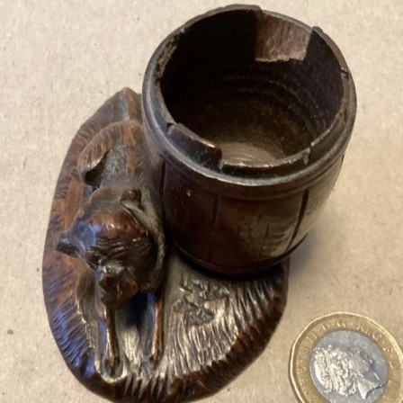 Detail: Antique Black Forest carved treen toothpick holder- barrel and lying dog.