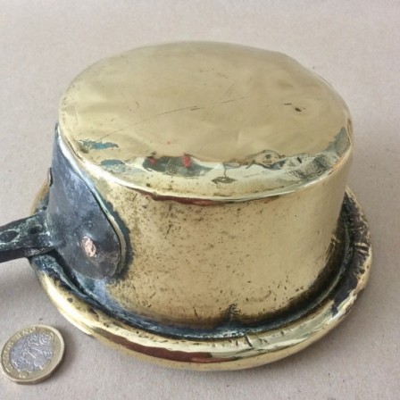 Detail: Antique Georgian - Victorian brass and wrought iron ‘Down hearth’ saucepan.