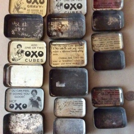 Detail: Antique and vintage OXO TINS.