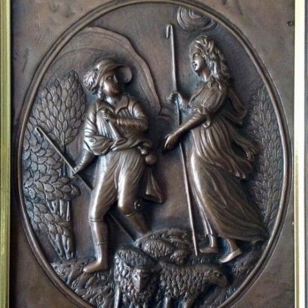 Detail: Antique repousse copper plaque engraved and hammered scene of shepherds and flock.C1860.