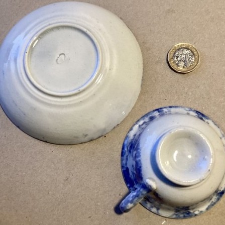 Detail: Antique 19th century Childs blue Sponge Ware cup/saucer