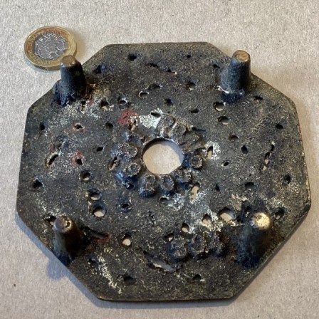 Detail: Antique cast brass kettle or pan stand/trivet RD No. 203681 c1893.