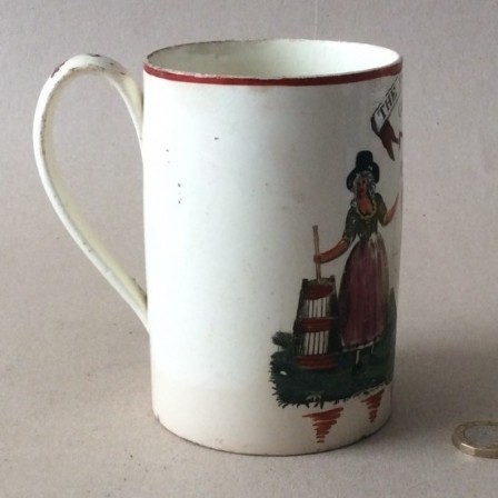 Detail: Antique late 18th century creamware Farmers Arms tankard - mug.