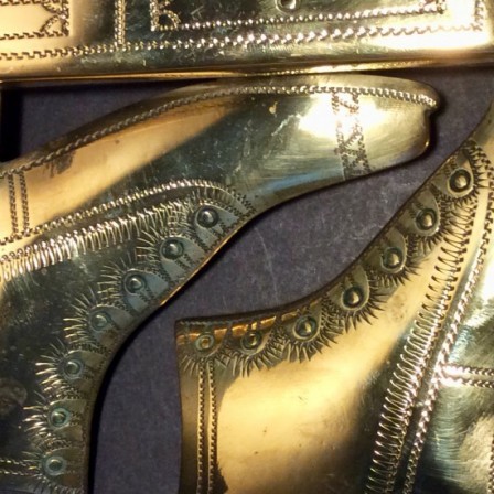 Detail: Antique Victorian pair engraved sheet boot/shoe mantelpiece ornaments 