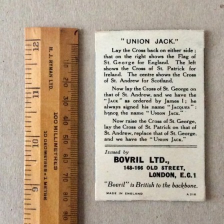 Detail: Antique Bovril “UNION JACK” magazine card insert advertisement.
