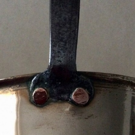 Detail: Antique small fixed handle brass jam pan 6inch diameter.