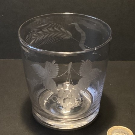 Detail: Antique Georgian clear glass tumbler engraved “hops and barley”