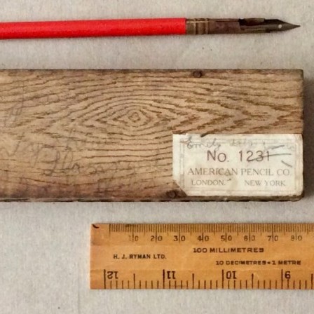 Detail: Antique printed wooden pencil box. AMERICAN PENCIL CO No 1231.