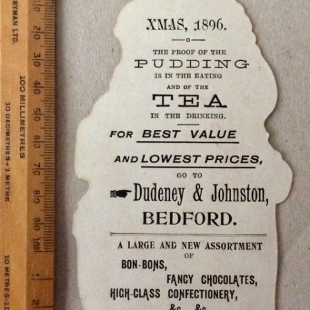 Detail: Antique Xmas 1896 card insert advertisement Dudeney & Johnston, Bedford.