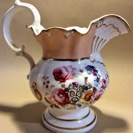 Detail: Antique Victorian large jug with hand painted flowers and hunt scene.