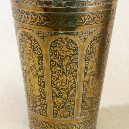 Detail: Pair Indian brass engraved lassi beakers