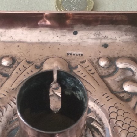 Detail: Antique Arts and Crafts NEWLYN  Copper repousse engraved fish candlestick.
