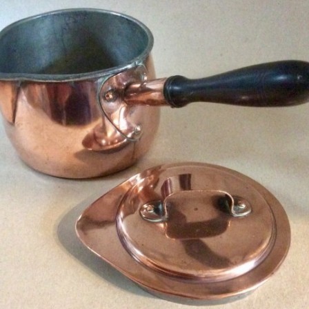 Detail: Victorian copper sauce or milk pan and lid