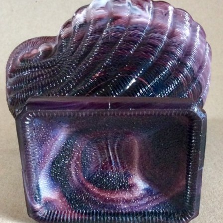 Detail: Victorian G.Davidson purple slag Glass shell vase on square base.