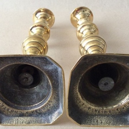 Antique Pair of Victorian brass beehive candlesticks with makers mark.