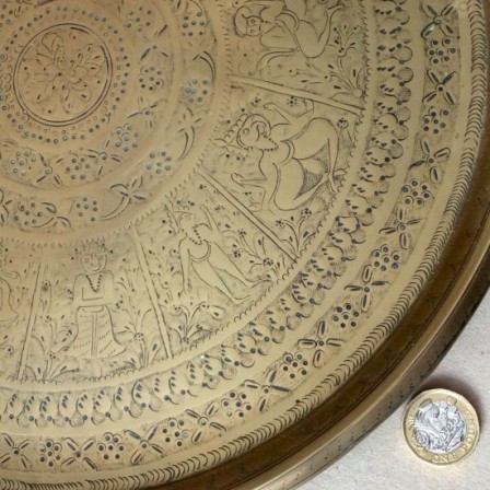 Detail: Antique Indian engraved and hammered sheet brass tray