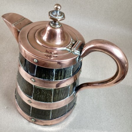 Detail: Antique small oak pitcher /jug with copper straps and spout /lid. 