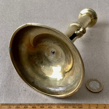 Detail: Antique brass round base slider candlestick circa 1740