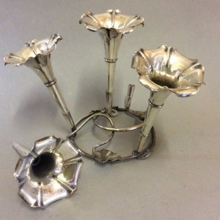 Detail: Art nouveau silver plate epergne or table centre with four detachable trumpets C1900