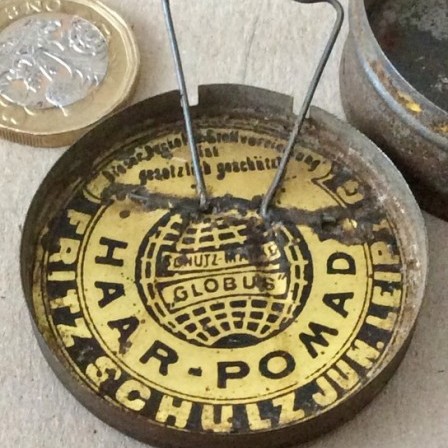 Detail: Antique FRITZ SCHULZ JUN. LEIPZIG : Hair Pomade Tin with mirror and stand built in. C1890.
