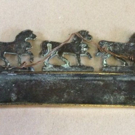 Detail: Victorian cast brass hame plate horse brass with three prancing horses