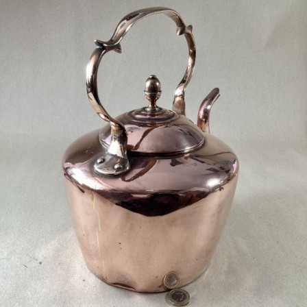 Detail: Antique Georgian copper kettle c1820. C scroll handle, acorn finial 