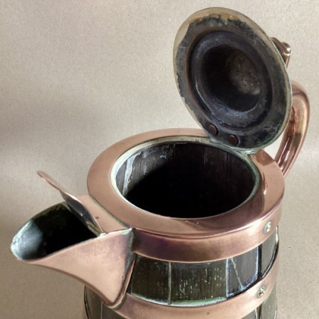 Detail: Antique small oak pitcher /jug with copper straps and spout /lid. 