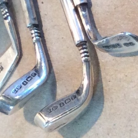 Detail: Novelty golf bag manicure set. Birmingham 1930 silver tools