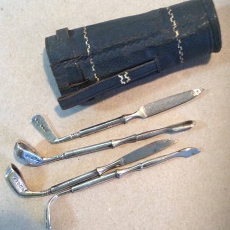 Detail: Novelty golf bag manicure set. Birmingham 1930 silver tools