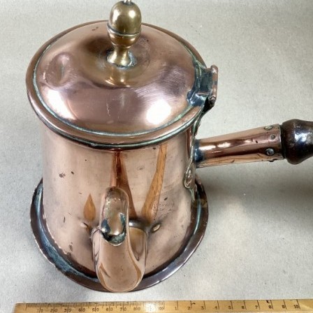 Detail: Antique Georgian heavy gauge copper coffee pot with side handle.