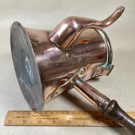 Detail: Antique Georgian heavy gauge copper coffee pot with side handle.