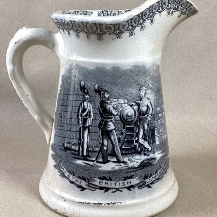 Detail: Antique large pottery commemorative transfer jug. “THE BRITISH VOLUNTEERS”