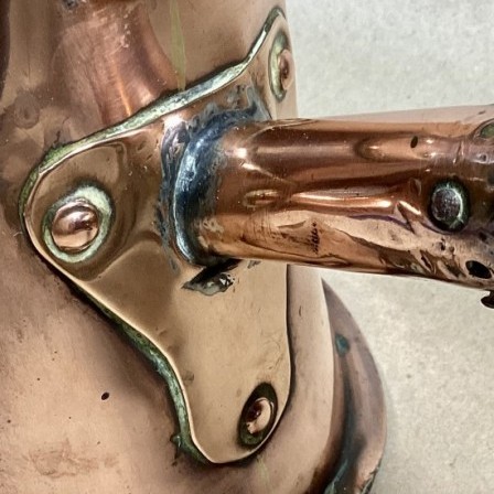 Detail: Antique Georgian heavy gauge copper coffee pot with side handle.