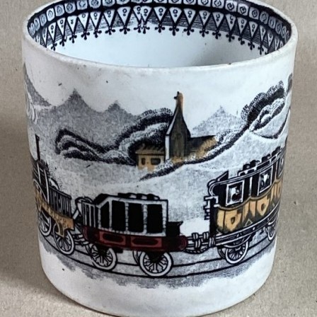 Detail: Antique Staffs pottery commemorative train mug c1860 pos. Liverpool and Manchester Railway.