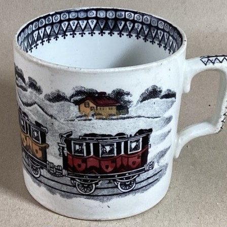 Detail: Antique Staffs pottery commemorative train mug c1860 pos. Liverpool and Manchester Railway.