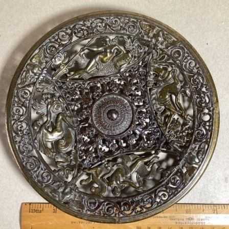 Detail: Antique Coalbrookdale small 7.6in cast iron dish on low foot.