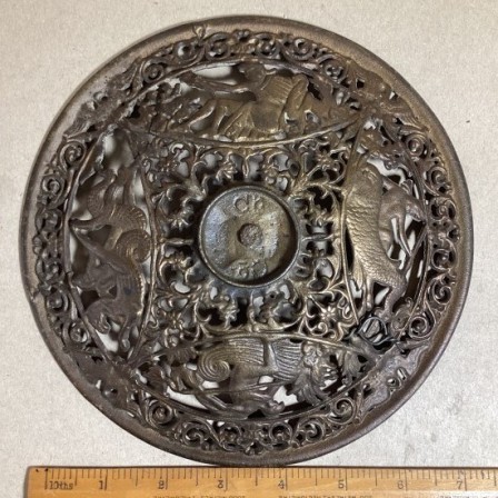 Detail: Antique Coalbrookdale small 7.6in cast iron dish on low foot.