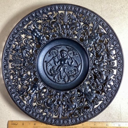 Detail: Antique German “Musterschutz ironworks” cast iron decorative pierced dish c1900.