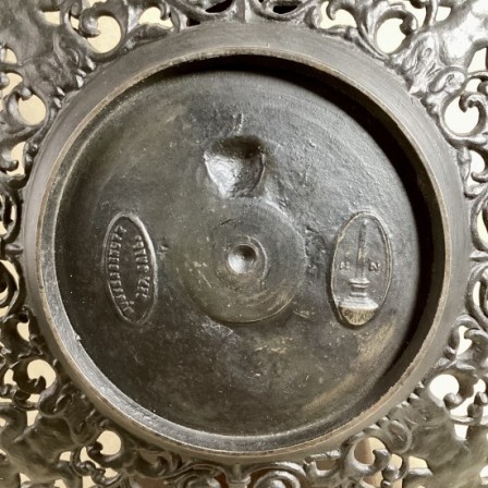 Detail: Antique German “Musterschutz ironworks” cast iron decorative pierced dish c1900.