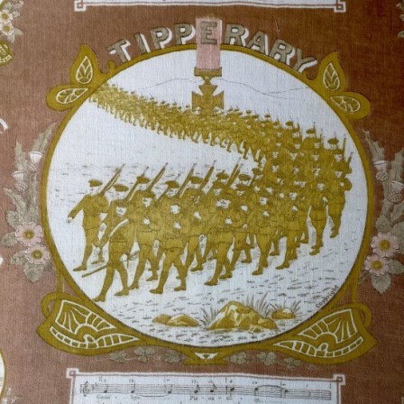 Detail: Antique framed WW1 linen HANKERCHIEF 26.5in x 22.25in. Music & lyrics to ‘It’s a long way to Tipperary’