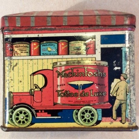 Detail: Rare Mackintosh's figural toffee shop tin c1920