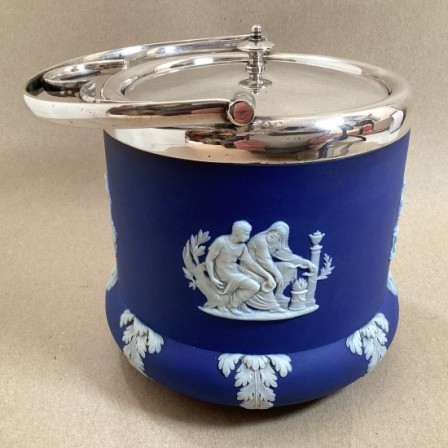 Detail: Antique c1920 Wedgwood JASPERWARE biscuit barrel and plated lid