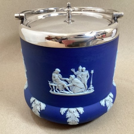 Detail: Antique c1920 Wedgwood JASPERWARE biscuit barrel and plated lid